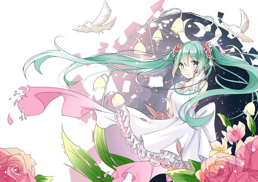 bird dress floating_hair flower gloves green_eyes green_hair hair_flower hair_ornament hatsune_miku long_hair looking_at_viewer natie_(latte) rose solo twintails very_long_hair vocaloid