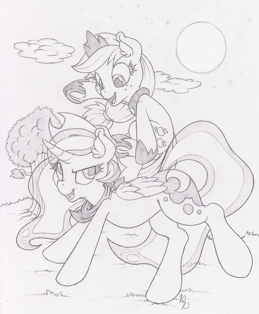 2015 applejack_(mlp) cutie_mark dfectivedvice earth_pony equine female feral friendship_is_magic hair hat horn horse long_hair mammal monochrome my_little_pony open_mouth outside pony princess_luna_(mlp) smile tree winged_unicorn wings
