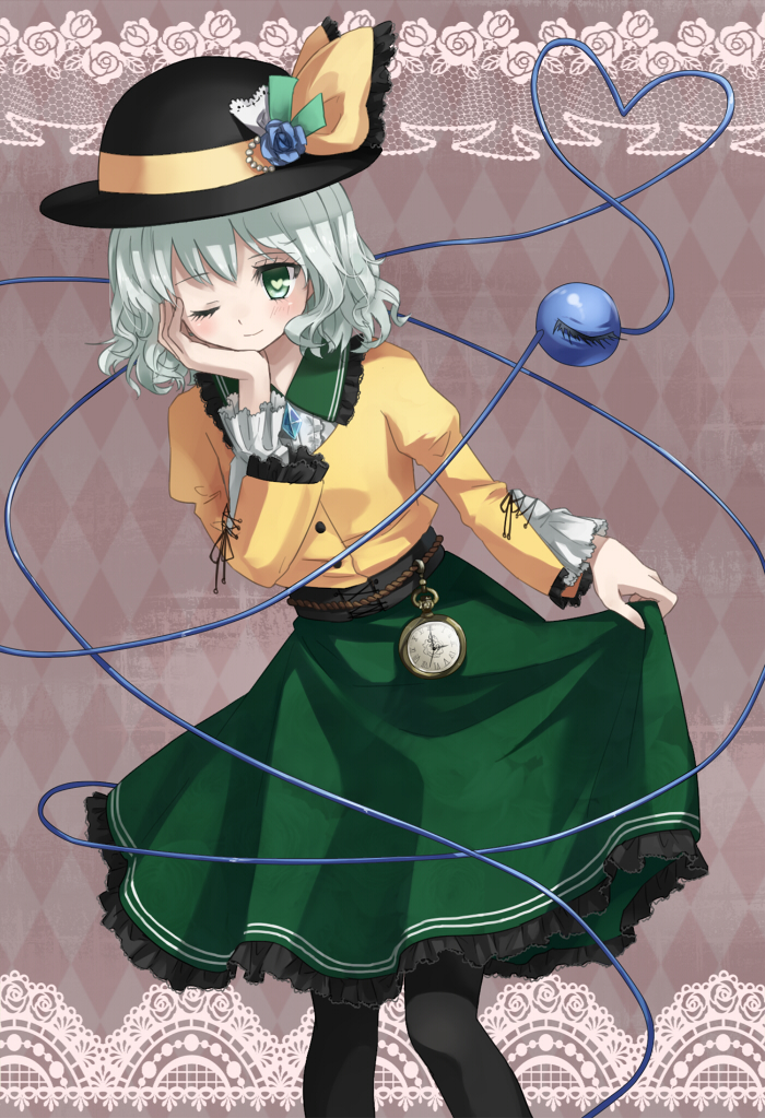 ;) black_legwear blouse eyeball frills green_eyes green_hair hat hat_ribbon heart heart-shaped_pupils heart_of_string komeiji_koishi long_sleeves lunalight-dg one_eye_closed pantyhose pocket_watch ribbon smile solo symbol-shaped_pupils third_eye touhou watch