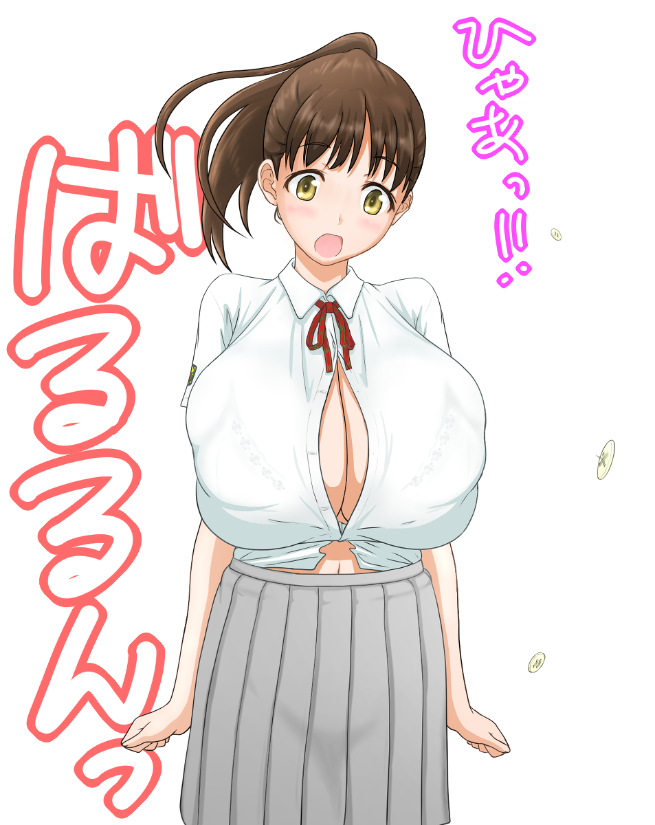 1girl areolae blush breast_expansion breasts brown_hair bursting_breasts huge_breasts ido_kibino kibino_ido long_hair open_mouth ponytail popped_button school_uniform schoolgirl skindentation solo straining_buttons uniform upper_body yellow_eyes