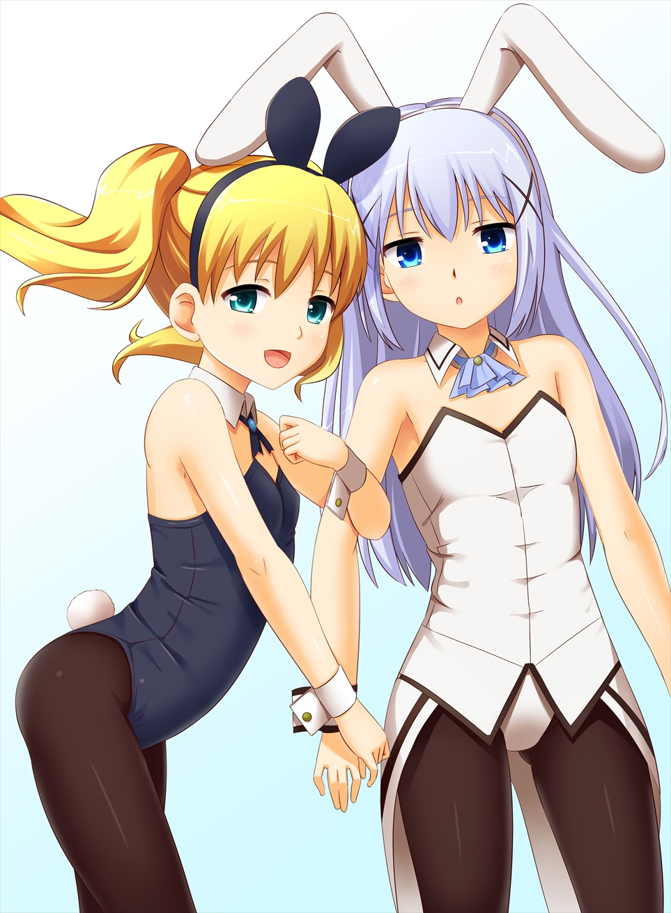 :d alice_cartelet animal_ears blonde_hair blue_eyes bunny_ears bunny_tail bunnysuit company_connection crossover detached_collar from_side gochuumon_wa_usagi_desu_ka? hair_ornament hairclip highres kafuu_chino kin-iro_mosaic long_hair manga_time_kirara multiple_girls open_mouth pantyhose purple_hair short_hair smile tail tarokennsann twintails wrist_cuffs x_hair_ornament