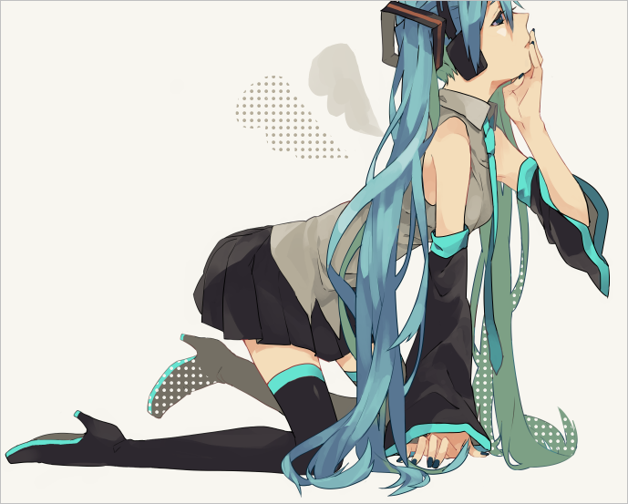 all_fours blue_eyes blue_hair collared_shirt detached_sleeves hand_on_own_chin hatsune_miku headphones high_heels kouga_228 long_hair nail_polish necktie shirt simple_background skirt solo thighhighs twintails very_long_hair vocaloid white_background wings