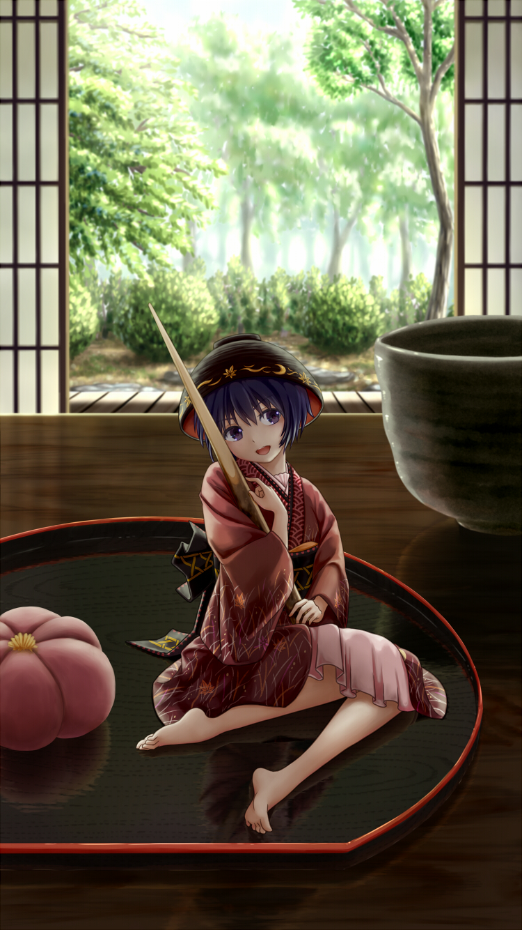 barefoot bowl cup dress dtvisu feet floral_print forest hat highres holding_needle japanese_clothes kimono long_sleeves minigirl nature needle obi open_clothes open_dress open_mouth purple_eyes purple_hair sash sitting smile solo sukuna_shinmyoumaru table teacup touhou wide_sleeves