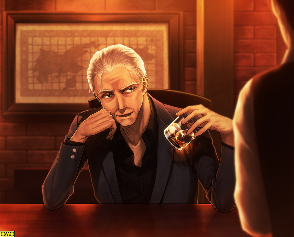 black_shirt blurry_foreground brick_wall chin_rest copyright_name counter formal indoors kiyuu_kuroneko looking_at_viewer male_focus old_man omc out_of_frame picture_(object) shirt sitting smile solo_focus suit white_hair