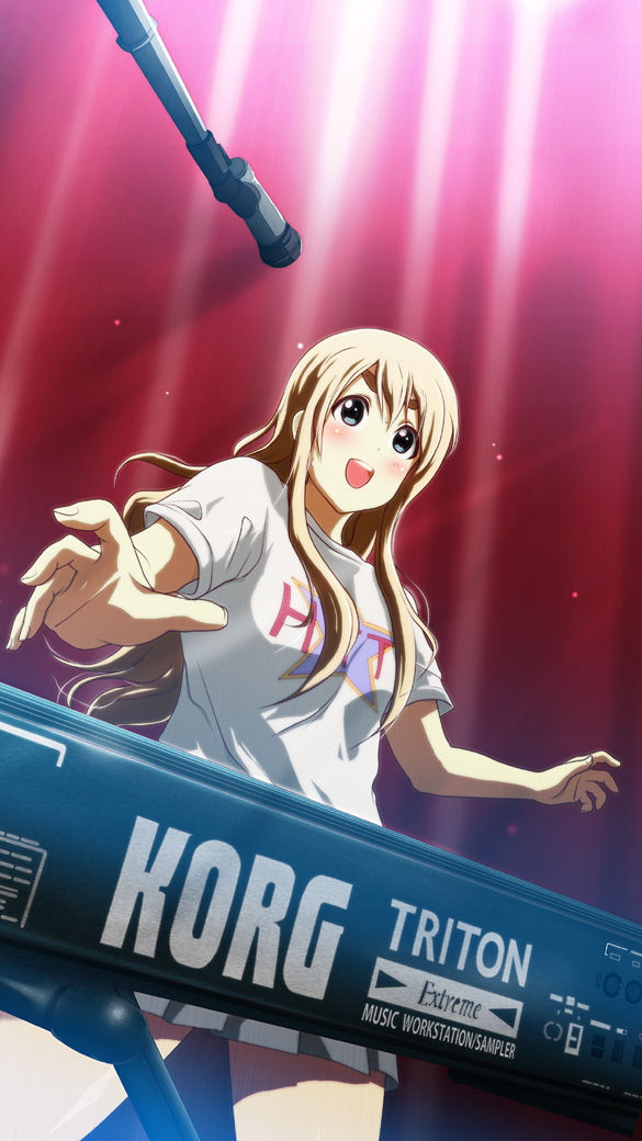 71 :d blonde_hair blue_eyes blush clothes_writing dutch_angle hands instrument k-on! keyboard_(instrument) kotobuki_tsumugi long_hair microphone microphone_stand open_mouth round_teeth shirt skirt smile solo t-shirt teeth