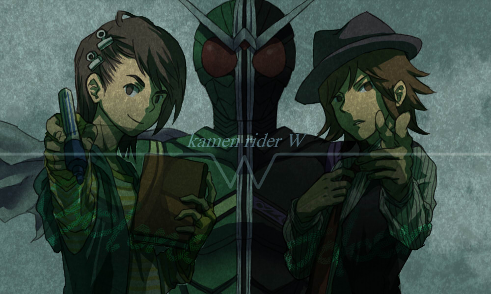 adjusting_clothes alternate_form antennae black_hair book brown_eyes brown_hair dark fedora flipped_hair hair_ornament hairclip hand_on_own_chest hat hidari_shoutarou holding holding_book hood hoodie hoodie_vest kamen_rider kamen_rider_double kamen_rider_w long_sleeves looking_at_viewer multiple_boys philip_(kamen_rider) pointing pointing_at_viewer scarf shirt smile striped striped_shirt vertical-striped_shirt vertical_stripes vest white_scarf yapo_(mess)
