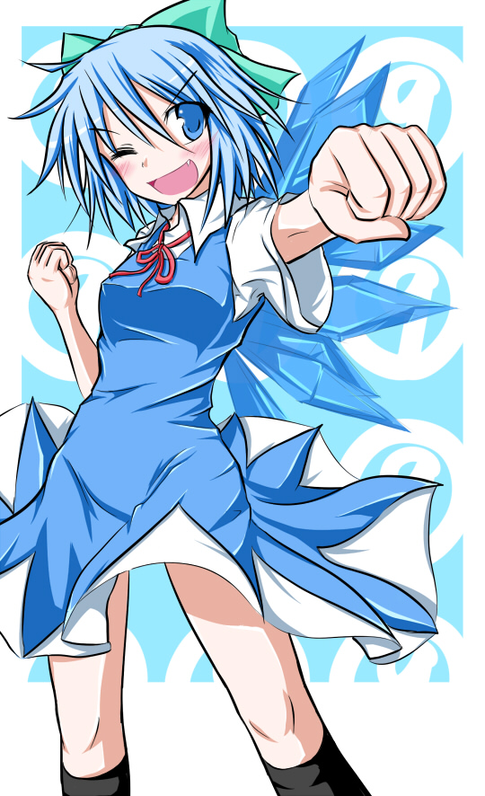1girl bad_id bad_pixiv_id blue_eyes blue_hair bow cirno clenched_hands dress fang hair_bow ice kirino_souya one_eye_closed open_mouth short_hair solo touhou wings