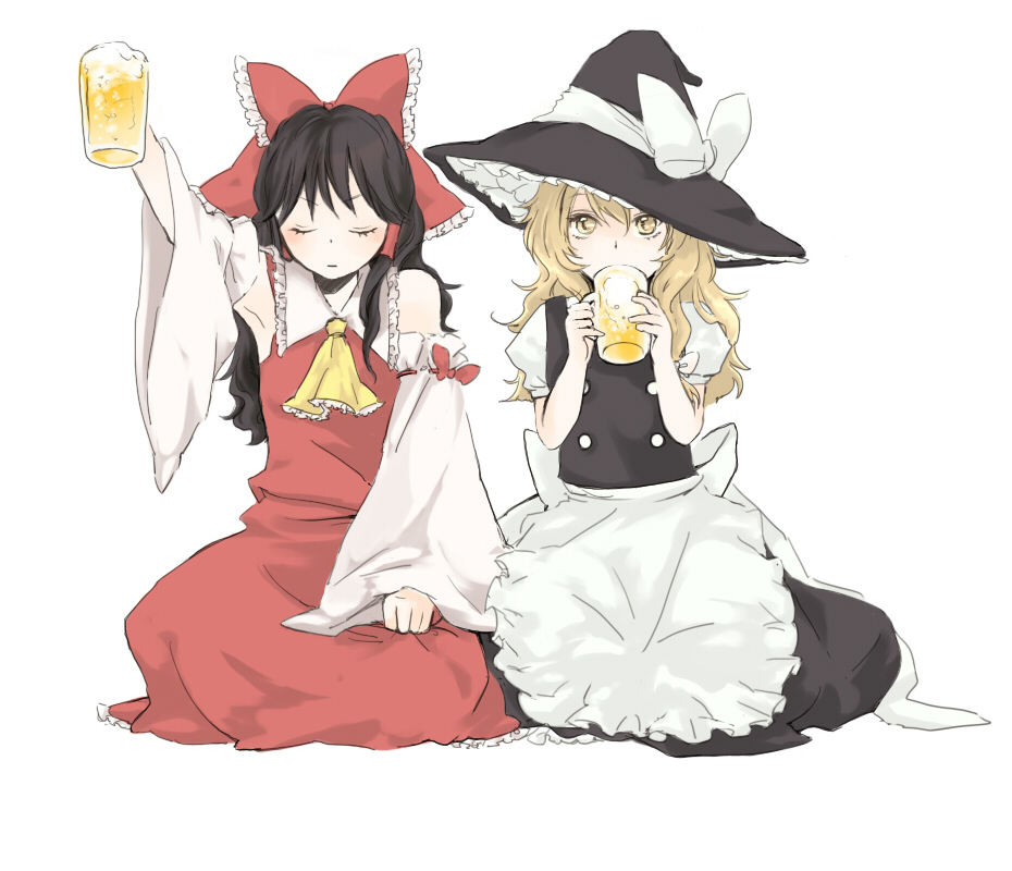 alcohol apron arm_up armpits beer blonde_hair bow brown_hair closed_eyes detached_sleeves drinking hair_bow hakurei_reimu hat kirisame_marisa large_bow long_hair multiple_girls simple_background sitting staring touhou white_background witch_hat yellow_eyes yonu_(yonurime)