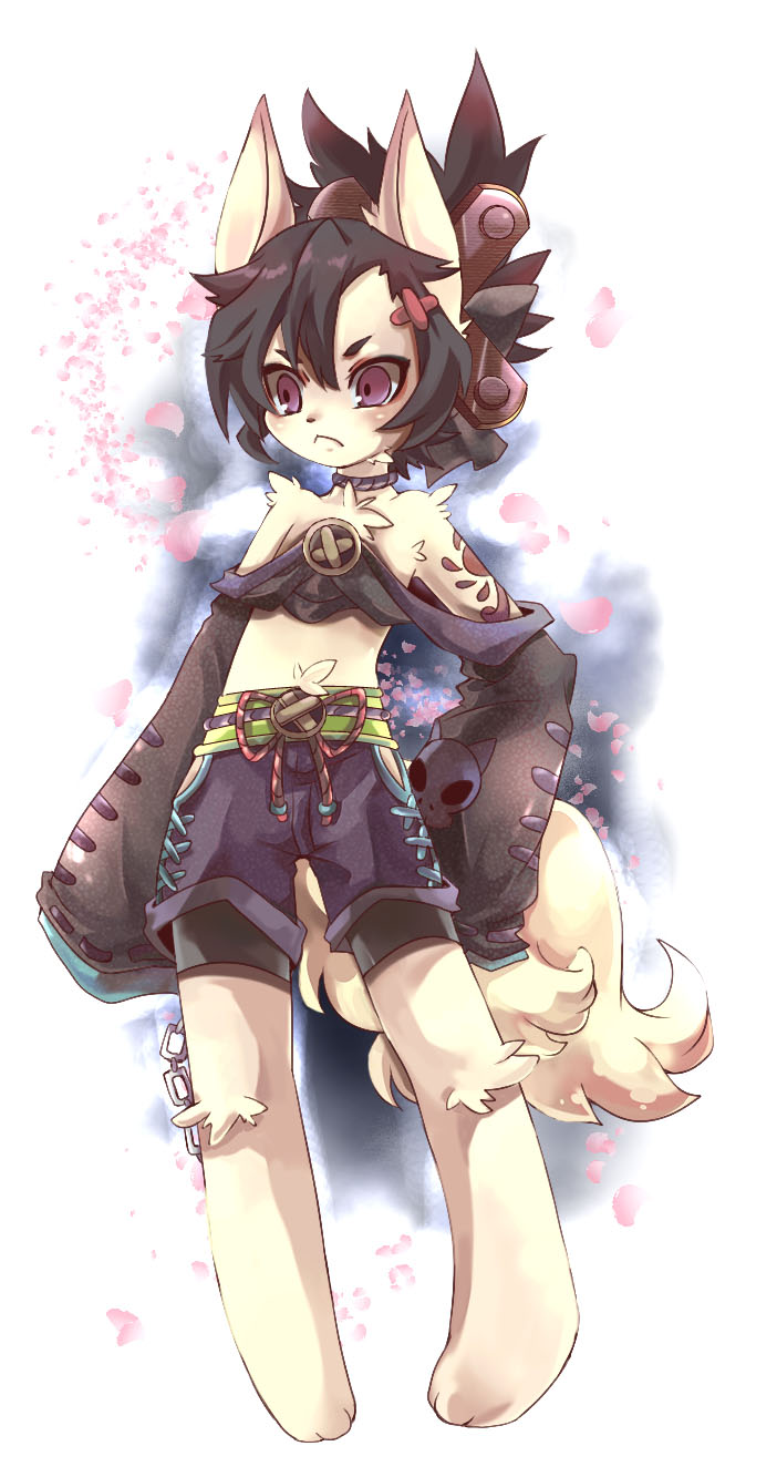 1girl animal_ears bare_shoulders barefoot black_hair canine chains cherry_blossoms collar female flat_chest fox fox_ears furry hair hair_ornament hairclip highres inumimi-syndrome long_sleeves male mammal paws plain_background purple_eyes solo tail violet_eyes white_background