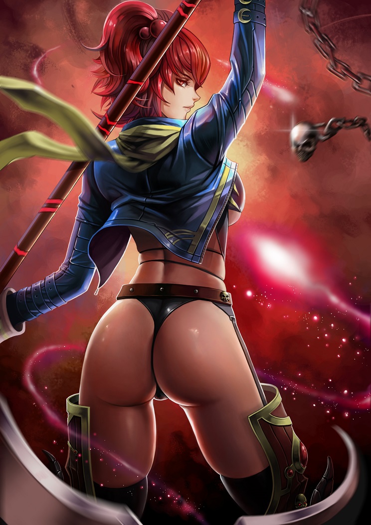 alternate_costume ass banned_artist black_legwear black_panties breasts chain crescent jacket large_breasts leg_armor looking_back onozuka_komachi panties red_eyes red_hair scarf scythe short_hair skull solo thighhighs thong touhou two_side_up underwear yinan_cui