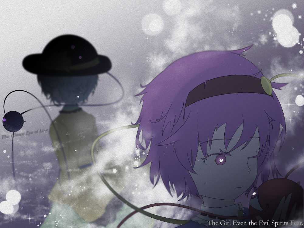 back_turned bad_id bad_pixiv_id blouse blurry bow closed_eyes colored_eyelashes english expressionless eye_contact glowing glowing_eyes gradient gradient_background green_skirt grey_background grey_hair hairband hat hat_bow heart heart-shaped_pupils komeiji_koishi komeiji_satori light_particles long_sleeves looking_at_another looking_down looking_up multiple_girls one_eye_closed purple_eyes purple_hair ribbon-trimmed_collar ribbon_trim sebun0217 short_hair siblings sisters skirt smoke sparkle symbol-shaped_pupils third_eye touhou
