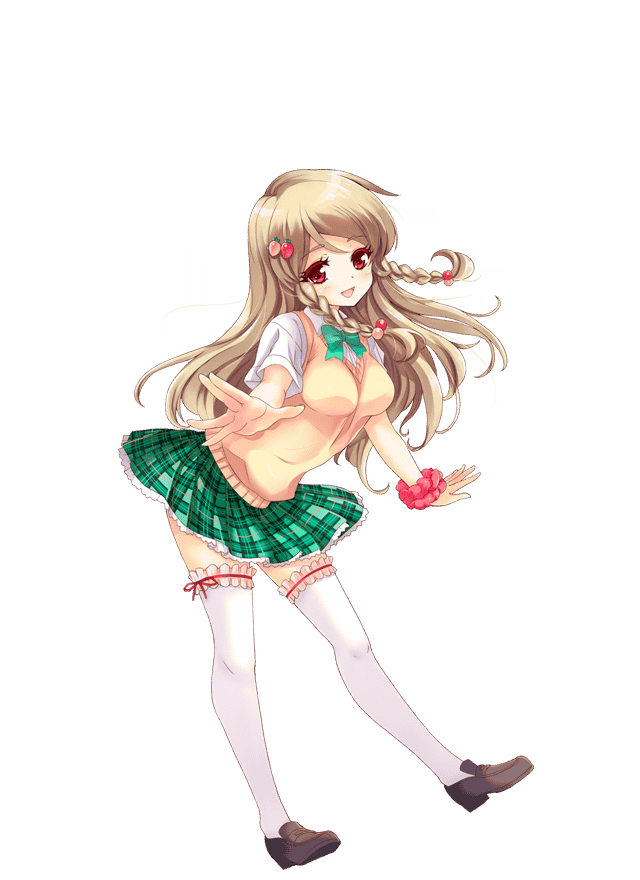 braid brown_hair cherry food fruit full_body girlfriend_(kari) hair_ornament kohinata_ichigo long_hair official_art plaid plaid_skirt qp:flapper red_eyes skirt smile solo thighhighs transparent_background twin_braids white_legwear