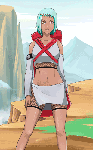 alter-22 animated animated_gif backpack bag detached_sleeves fuu_(naruto) green_hair hair_ornament hairclip looking_at_viewer lowres midriff naruto naruto_shippuuden navel orange_eyes outdoors solo standing wind_lift