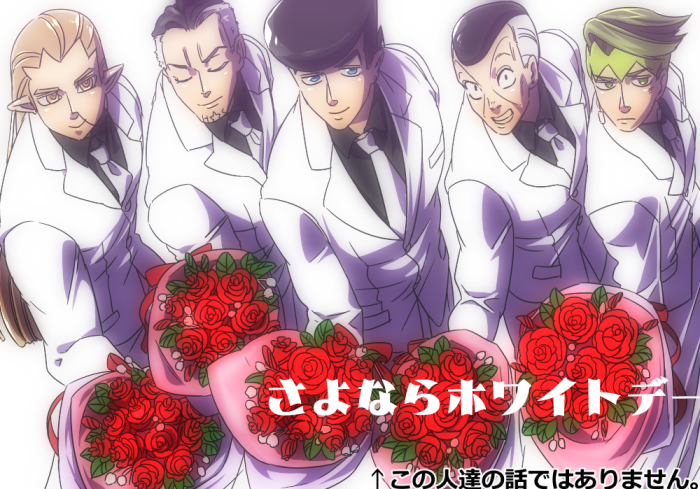 bad_id bad_pixiv_id blonde_hair blue_eyes bouquet flower fungami_yuuya green_hair hazekura_mikitaka higashikata_jousuke jojo_no_kimyou_na_bouken kishibe_rohan monoheiya multiple_boys nijimura_okuyasu rose white_day