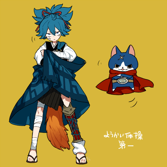 bandages blue_eyes blue_hair cape cat crossed_arms crossover full_body fuyunyan l_hakase looking_at_viewer red_cape sandals sayo_samonji scar simple_background standing touken_ranbu translation_request youkai youkai_watch youkai_watch_2