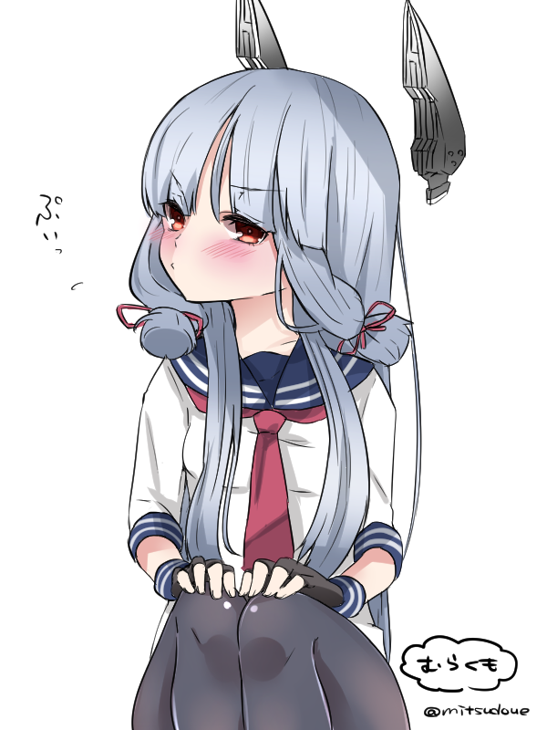 bad_id bad_twitter_id black_legwear blush dress fingerless_gloves fingernails gloves headgear inactive_account kantai_collection long_hair looking_at_viewer mitsudoue murakumo_(kantai_collection) necktie pantyhose pout red_eyes sailor_dress sidelocks silver_hair simple_background solo translated twitter_username white_background