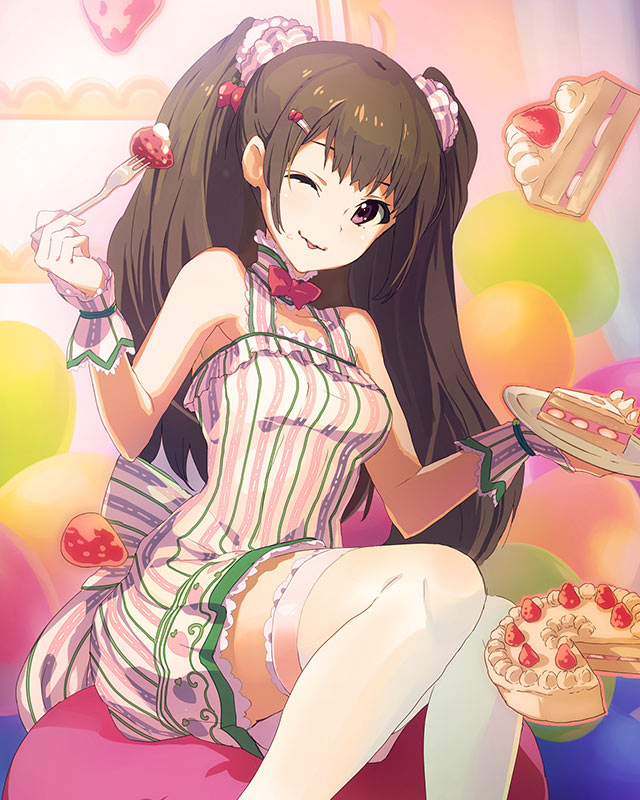 ;p bow cake dress eating food food_on_face food_themed_hair_ornament fork frills fruit hair_ornament hairclip long_hair looking_at_viewer ninomiya_hitomi_(wake_up_girls!) official_art one_eye_closed purple_eyes sitting slice_of_cake strawberry strawberry_hair_ornament strawberry_shortcake striped thighhighs tongue tongue_out twintails vertical-striped_dress vertical_stripes wake_up_girls! wake_up_girls!_stage_no_tenshi white_legwear zettai_ryouiki