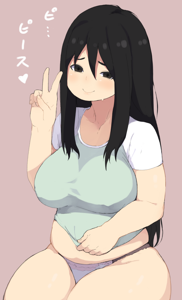 1girl accho_(macchonburike) black_eyes black_hair breasts female large_breasts long_hair looking_at_viewer midriff panties plump shirt shirt_pull simple_background sitting smile solo thick_thighs underwear v wide_hips