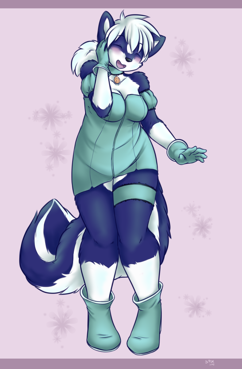 2015 anthro black_nose blue_fur blush boots choker chubby clothed clothing cosplay dress eyes_closed female fur gloves hair mammal markings open_mouth simple_background skunk smile solo spix taki white_hair