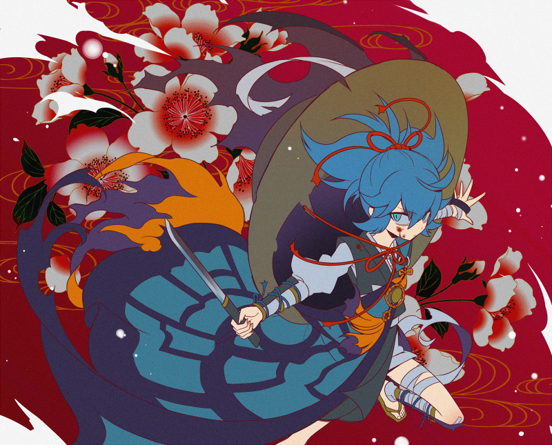 bandages blue_eyes blue_hair flower hat japanese_clothes leaf male_focus ponytail sayo_samonji solo souma_kira sword tantou touken_ranbu weapon