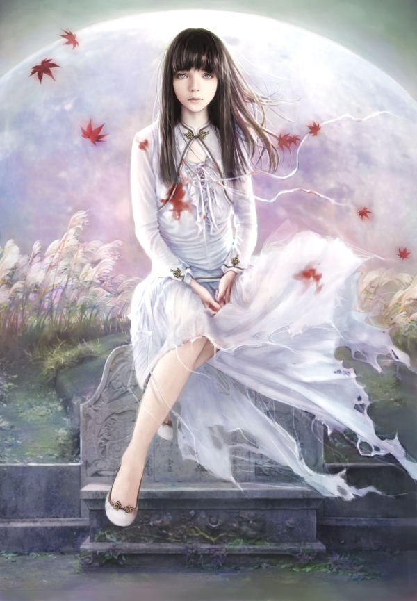 black_hair blood dress eat0123 lips long_hair original photorealistic realistic silver_eyes solo tombstone torn_clothes