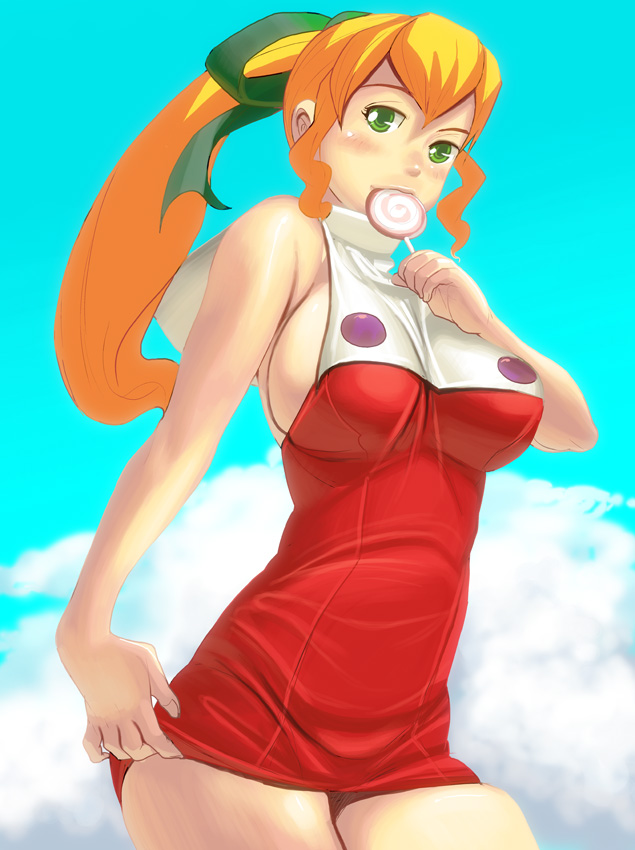 bad_id bad_pixiv_id bare_shoulders blonde_hair breasts candy cowboy_shot food green_eyes large_breasts lollipop long_hair masao older ponytail red_skirt rockman rockman_(classic) roll sideboob skirt solo swirl_lollipop