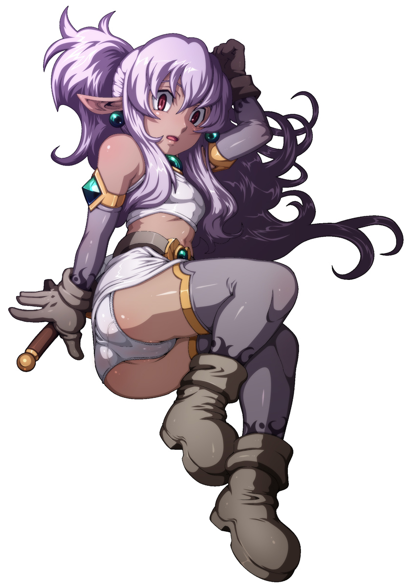 armlet boots dark_skin earrings elf flat_chest gloves highres jewelry lying midriff on_side original panties pointy_ears purple_hair scared simple_background solo sword tabigarasu the_depths_of_the_dungeon thighhighs underwear weapon white_background