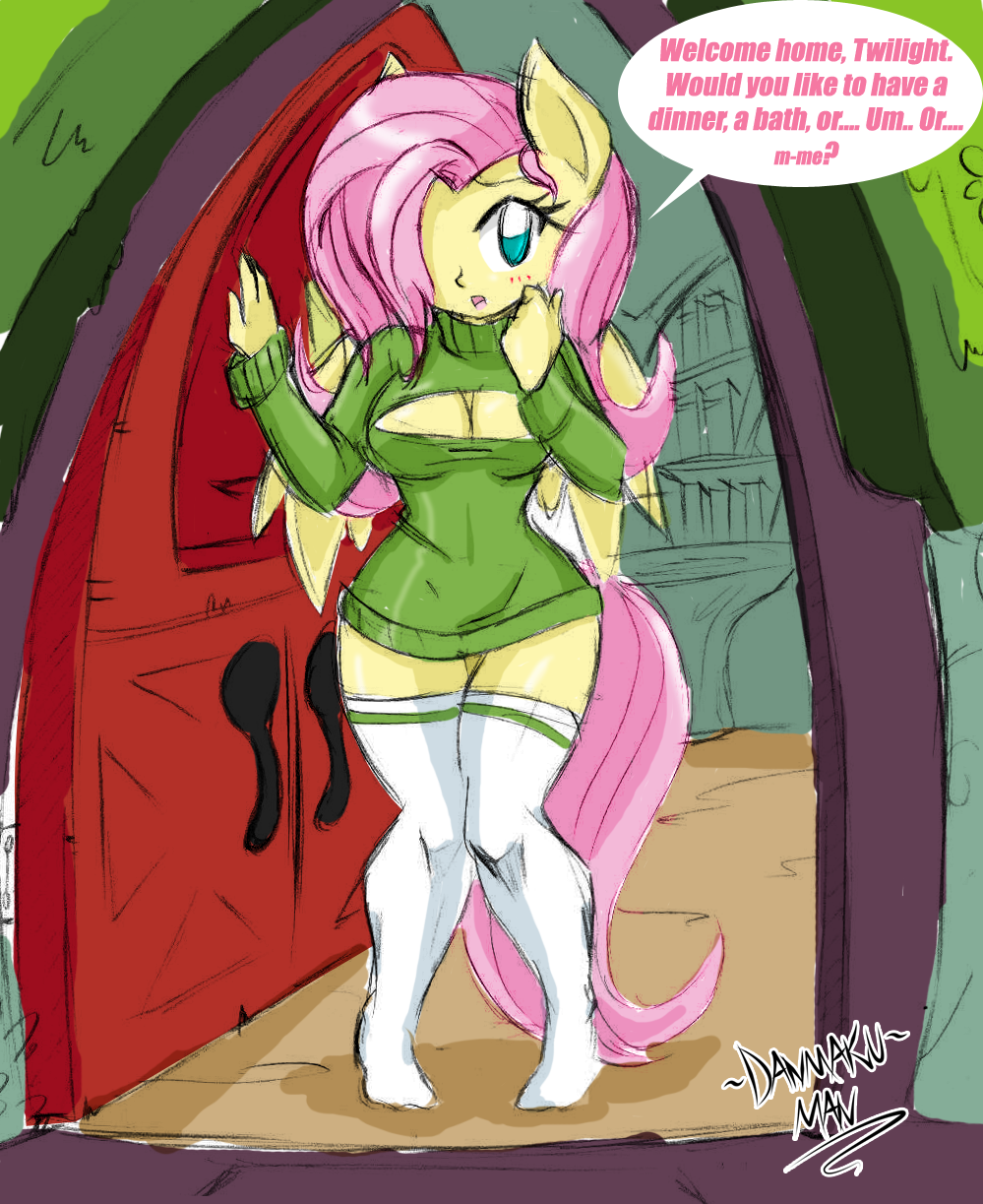 2015 anthro anthrofied blue_eyes blush bottomless cleavage clothed clothing danmakuman dialogue english_text equine female fluttershy_(mlp) friendship_is_magic hair half-dressed keyhole_turtleneck mammal my_little_pony pegasus pink_hair socks solo sweater text wings