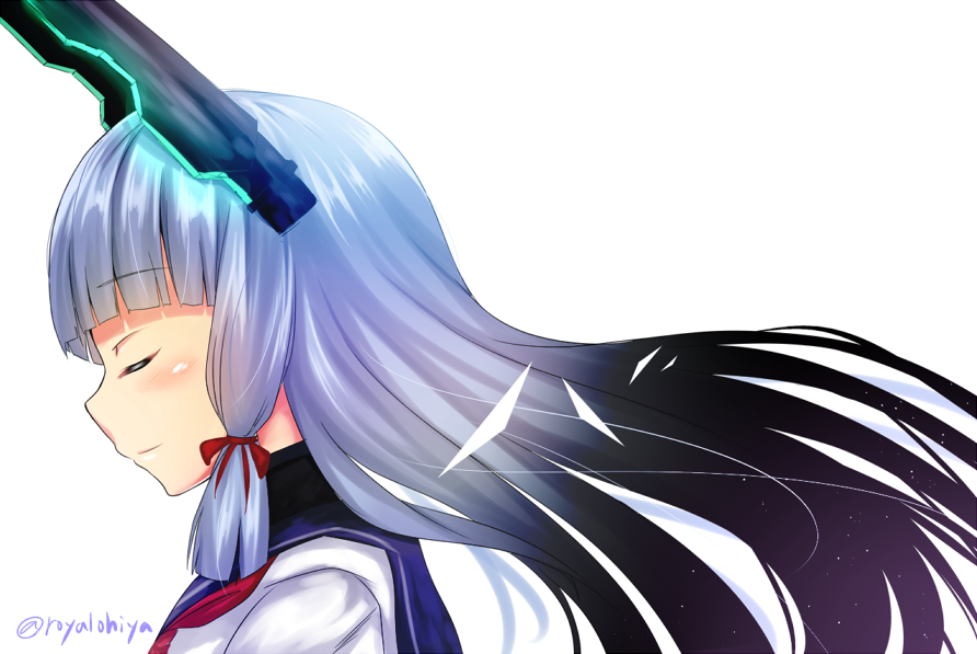 bad_id bad_twitter_id closed_eyes dress headgear kantai_collection long_hair murakumo_(kantai_collection) ohiya profile sailor_dress silver_hair simple_background solo twitter_username white_background
