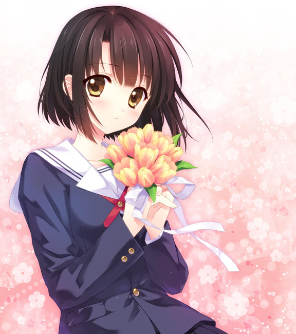 bangs black_hair blush bouquet brown_eyes buttons carnelian collarbone eyebrows_visible_through_hair floral_background flower holding holding_bouquet katou_megumi long_sleeves looking_at_viewer looking_to_the_side own_hands_together parted_lips ribbon saenai_heroine_no_sodatekata school_uniform serafuku short_hair solo