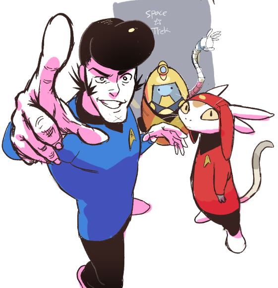 alien black_hair cosplay dandy_(space_dandy) eun_dari grin meow_(space_dandy) pointing pointing_at_viewer pompadour qt_(space_dandy) robot sideburns smile space_dandy star_trek uniform