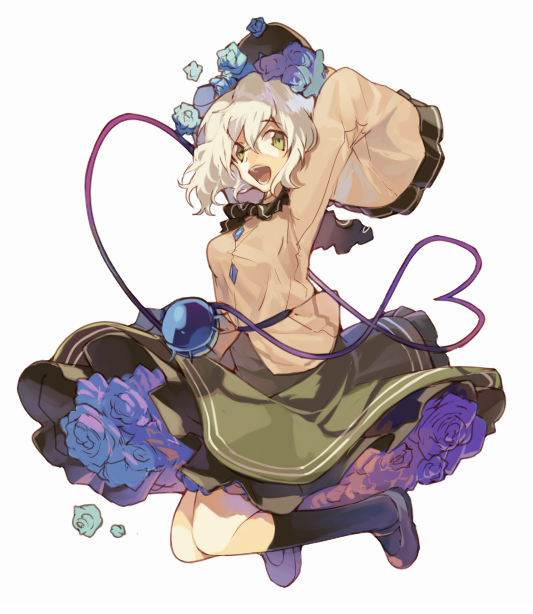 bad_id bad_pixiv_id flower green_eyes hat heart heart_of_string jumping komeiji_koishi open_mouth pig_ggul short_hair skirt smile socks solo third_eye touhou white_hair