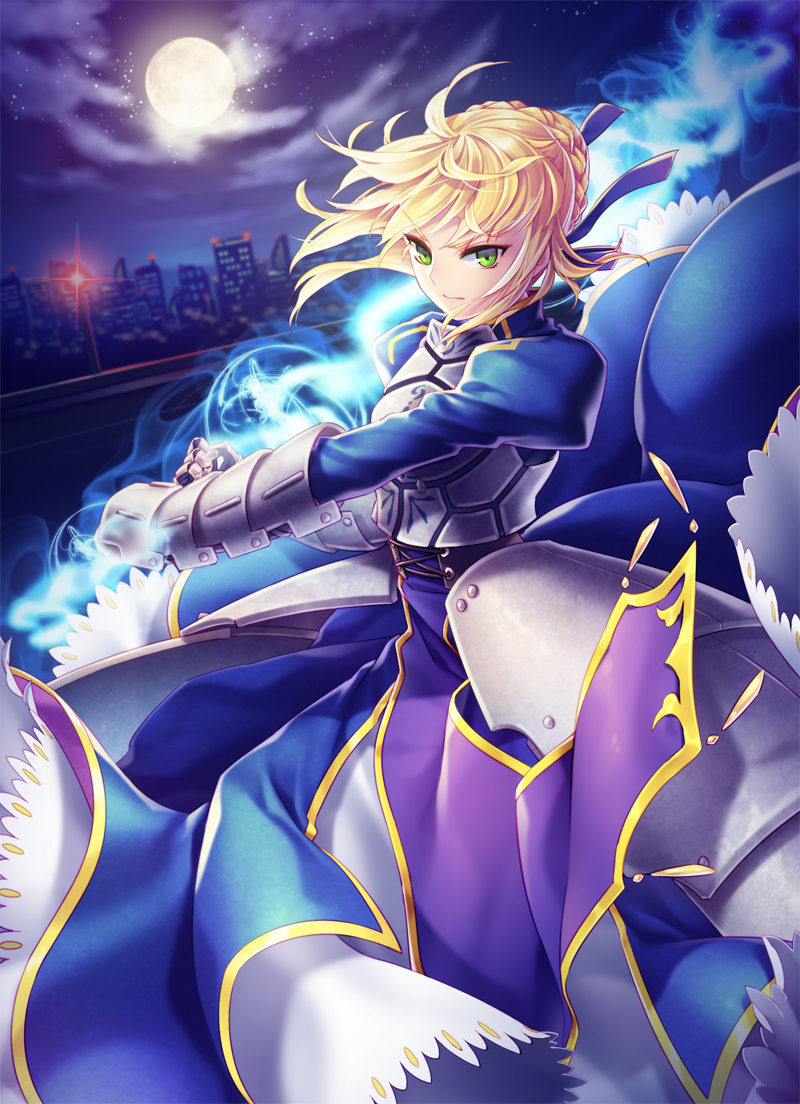 ahoge armor armored_dress artoria_pendragon_(all) blonde_hair cityscape cloud cloudy_sky fate/stay_night fate_(series) faulds full_moon gauntlets green_eyes hair_ribbon invisible_air juliet_sleeves lips long_sleeves moon night puffy_sleeves ribbon saber short_hair sky solo star_(sky) sword weapon yeruen