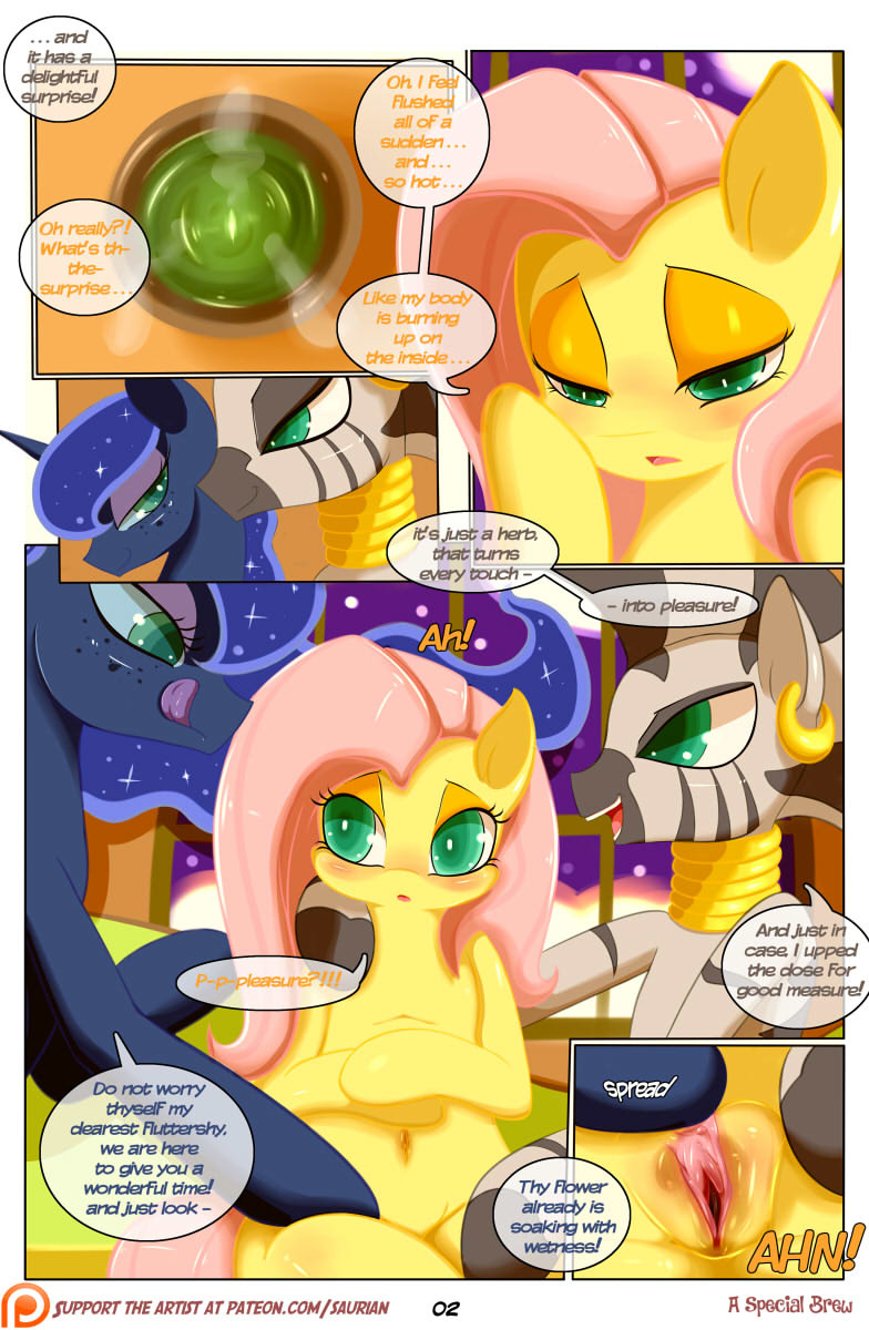 2015 blue_hair comic dialogue drink ear_piercing english_text equine female female/female fluttershy_(mlp) friendship_is_magic group hair half-closed_eyes horse inside licking licking_lips long_hair mammal my_little_pony navel open_mouth piercing pink_hair pony princess_luna_(mlp) pussy saurian_(artist) sitting smile text tongue tongue_out zebra zecora_(mlp)