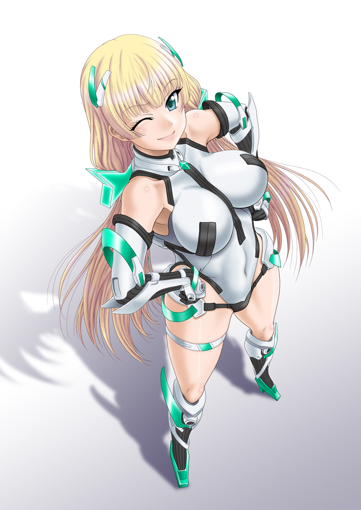 ;) angela_balzac aqua_eyes blonde_hair breasts covered_navel hands_on_hips headgear large_breasts leotard long_hair looking_at_viewer low_twintails misnon_the_great one_eye_closed rakuen_tsuihou shadow smile twintails