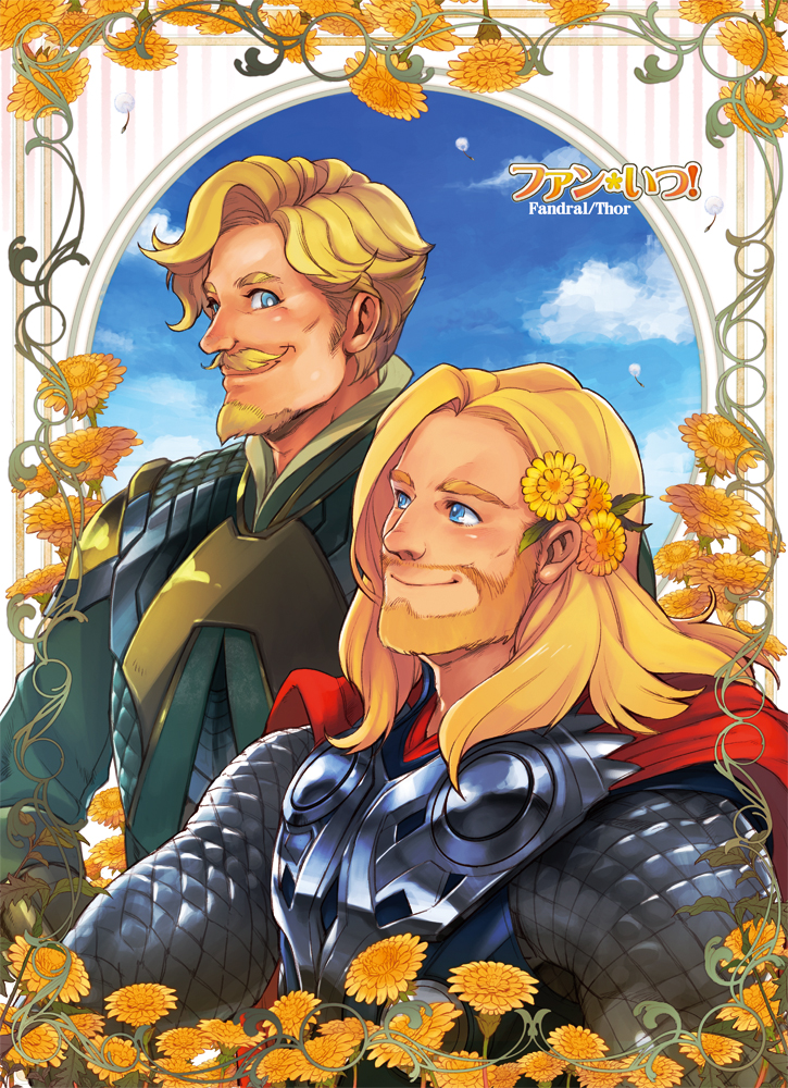 armor beard blonde_hair blue_eyes facial_hair fandral flower hair_flower hair_ornament marigold marvel multiple_boys mustache nikumeron thor_(marvel)