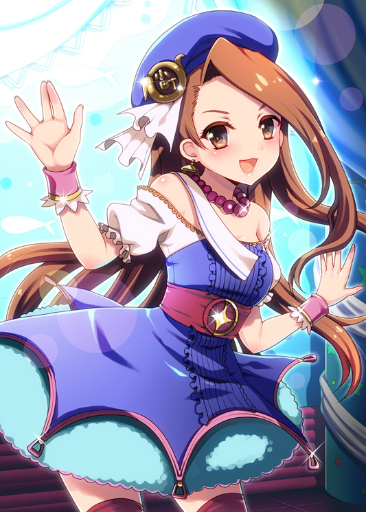 bad_id bad_pixiv_id brown_eyes brown_hair dress earrings hanao_(kuma-tan_flash!) hat idolmaster idolmaster_(classic) jewelry long_hair looking_at_viewer minase_iori necklace open_mouth palace_of_dragon_(idolmaster) ryuuguu_komachi solo sparkle strapless strapless_dress thighhighs wristband