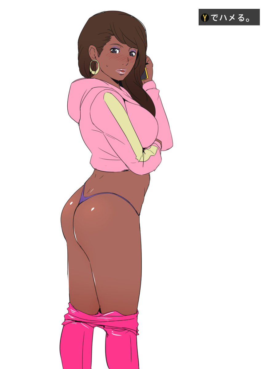 ass breasts brown_hair dark_skin earrings female grand_theft_auto gureko_rouman jewelry large_breasts lipstick makeup pixiv_manga_sample prostitute prostitution solo thong translation_request xbox