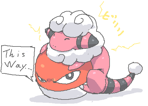 ambiguous_gender ball cute duo english_text eyes_closed flaaffy fur looking_at_viewer nintendo plain_background pok&eacute;mon text video_games voltorb white_fur 草薙芳_(artist)