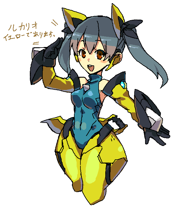 armor black_hair blush breasts cute female gijinka hair human japanese_text looking_at_viewer lucario mammal navel nintendo not_furry open_mouth pigtails plain_background pok&eacute;mon red_eyes shiny_pok&eacute;mon solo teeth text translation_request video_games 草薙芳_(artist)