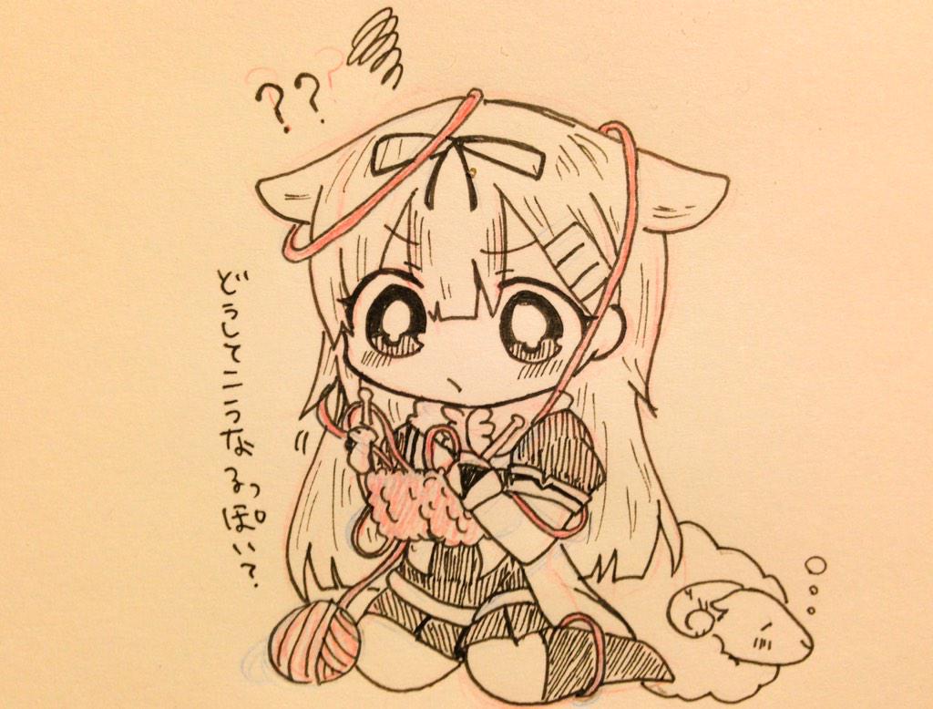 ? chibi closed_mouth commentary_request confused fingerless_gloves gloves hair_flaps hair_ornament hair_ribbon hairclip jako_(jakoo21) kantai_collection knitting knitting_needle long_hair md5_mismatch needle pleated_skirt poi remodel_(kantai_collection) ribbon scarf school_uniform serafuku short_sleeves skirt solo traditional_media translated yuudachi_(kantai_collection)