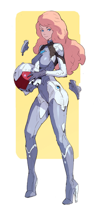 bad_id bad_tumblr_id blue_eyes bodysuit full_body headwear_removed helmet helmet_removed high_heels kilart long_legs looking_at_viewer original pink_hair science_fiction solo