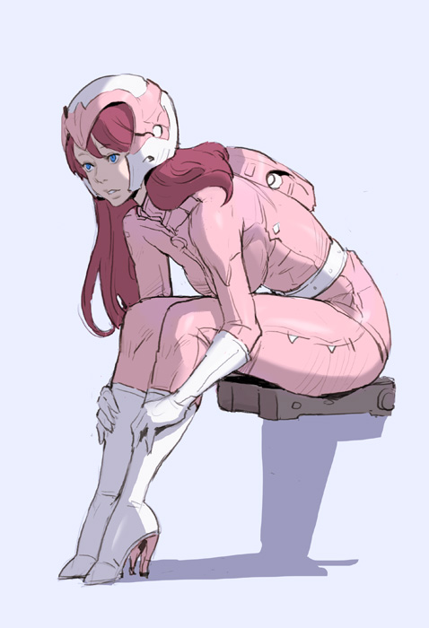 bad_id bad_tumblr_id blue_eyes bodysuit boots breasts brown_hair gloves high_heel_boots high_heels kilart leaning_forward legs_together medium_breasts original pink pink_bodysuit science_fiction sitting solo white_footwear white_gloves