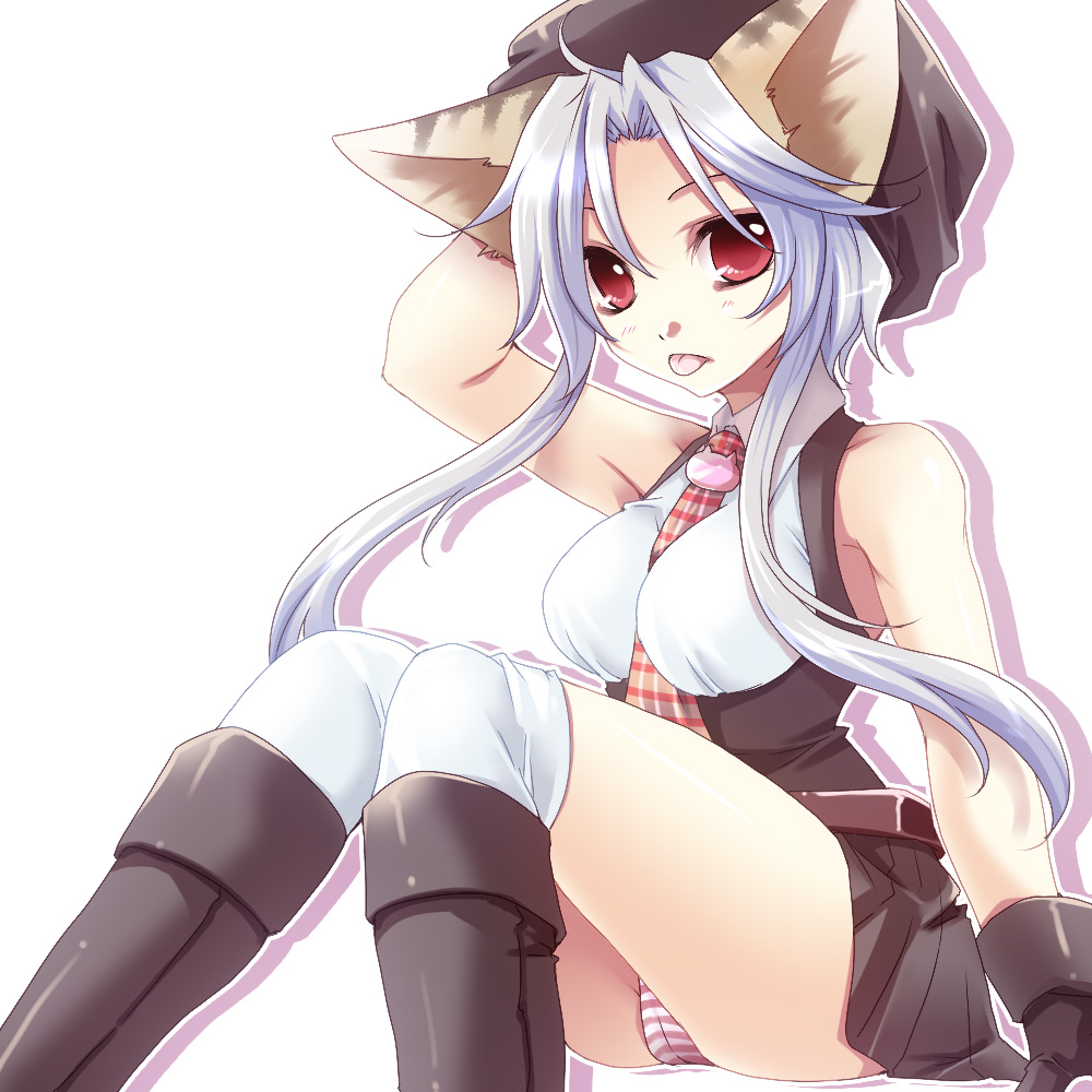 :p animal_ears bare_shoulders between_breasts blue_hair boots breasts cat_ears hat long_hair necktie original panties red_eyes sitting solo striped striped_panties takitsume_shino thighhighs tongue tongue_out underwear