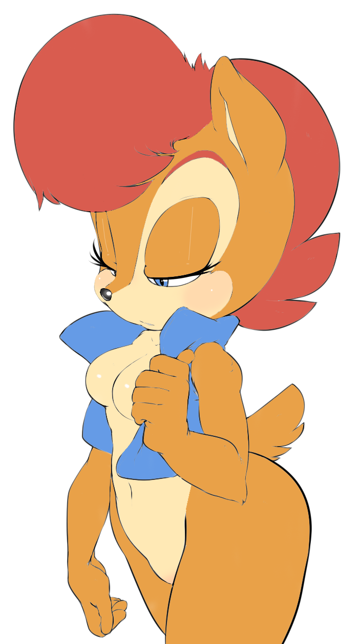 2015 anthro argento blue_eyes blush breasts chipmunk clothed clothing female fur hair half-dressed mammal nude open_mouth plain_background red_hair rodent sally_acorn sega solo sonic_(series) squirrel video_games wide_hips