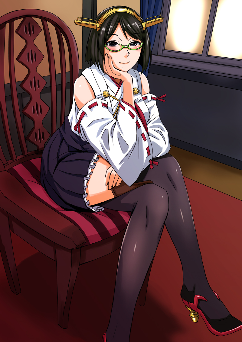 1girl bare_shoulders black_hair blush chair chin_rest detached_sleeves glasses green-framed_glasses hairband headgear japanese_clothes kantai_collection kirishima_(kantai_collection) kokuryuugan legs_crossed looking_at_viewer no_legwear nontraditional_miko short_hair sitting skirt smile solo