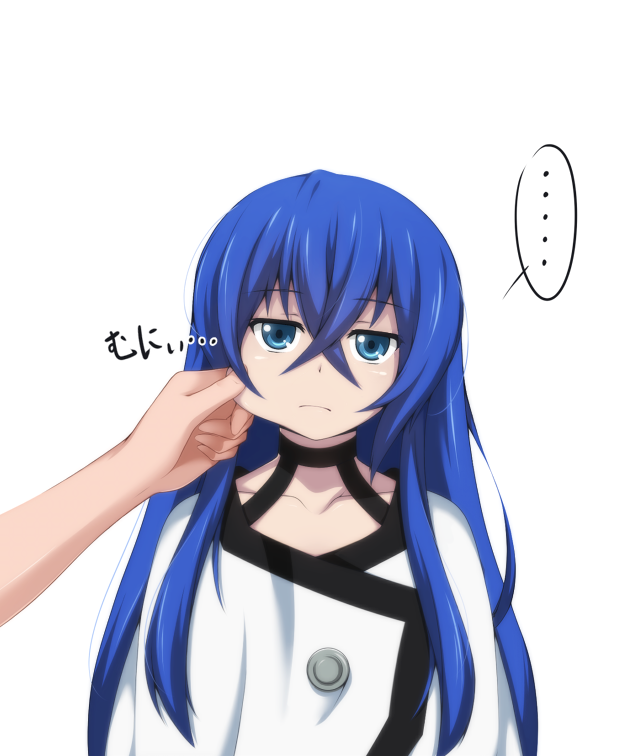 astarte_(strike_the_blood) blue_eyes blue_hair cheek_pinching collarbone expressionless long_hair pinching simple_background strike_the_blood yyi