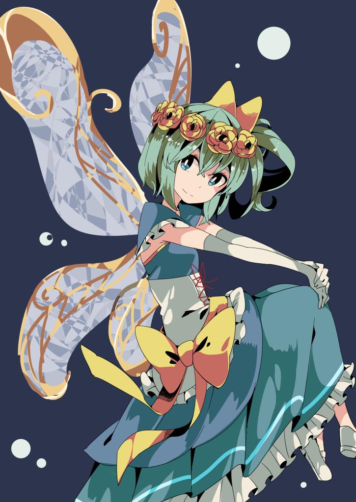 aioi_aoi alternate_costume alternate_wings blue_eyes bow bright_pupils corset daiyousei dress elbow_gloves gloves green_hair hair_between_eyes hair_ribbon looking_at_viewer ribbon short_hair side_ponytail smile solo touhou white_pupils wings yellow_bow