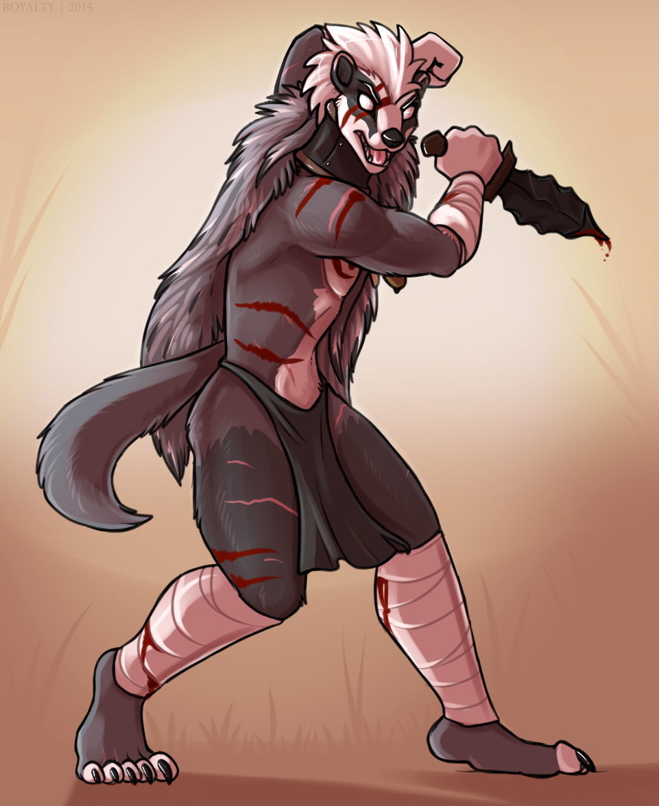 2015 anthro badger bandage blood claws clothing dagger empty_eyes fighting_stance fur grey_fur grey_hair hair loincloth long_hair male mammal markings mustelid necklace open_mouth royalty_(artist) scar solo teeth tongue warrior weapon white_fur white_hair
