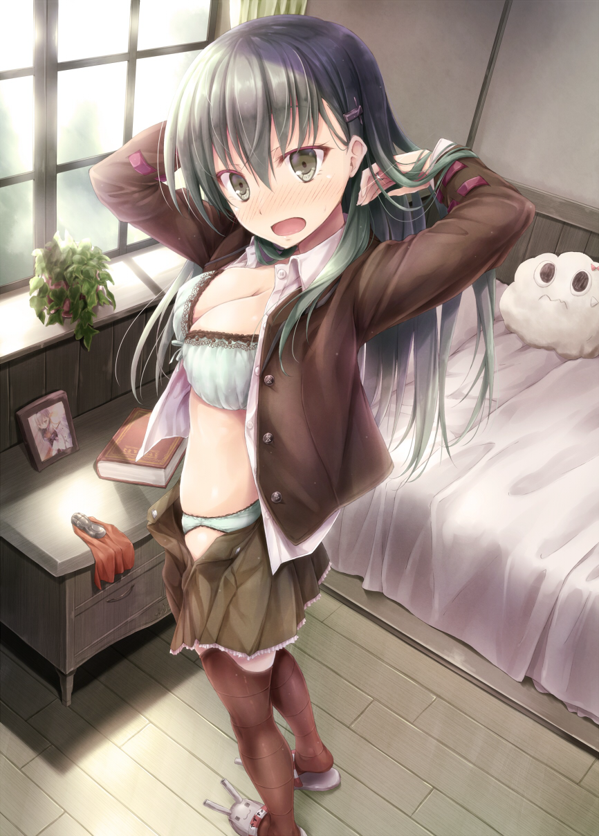 aqua_bra aqua_hair aqua_panties arms_up bangs bed bedroom blazer blush book bow bow_bra bra breasts brown_legwear chest_of_drawers cleavage curtains from_behind green_eyes hair_between_eyes hair_ornament hair_tucking hairclip highres indoors jacket jewelry kantai_collection lace lace-trimmed_bra long_hair long_sleeves looking_at_viewer looking_back medium_breasts midriff miss_cloud open_clothes open_jacket open_mouth open_shirt panties picture_(object) plant potted_plant rensouhou-chan ring shadow shirt skirt slippers solo standing suien suzuya_(kantai_collection) thighhighs unbuttoned underwear undressing uniform wedding_band white_shirt window wing_collar wooden_floor